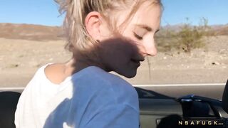 Public Teen Sex in the Convertible Car on a way to Las Vegas Eva Elfie