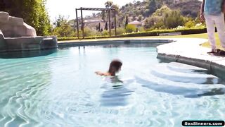 Big boobs milf deepthroats and titfucks the poolboy outdoors