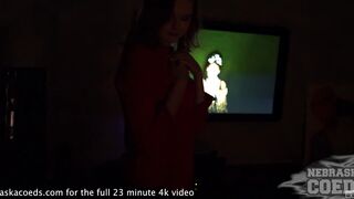 pretty blonde late night striptease dancing and pov blowjob with cum in her mouoth