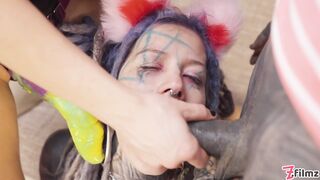 Tattooed catplay girl double blowjob