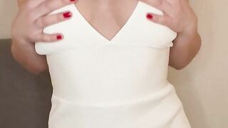 Horny MILF in White Long Dress Flashing Her Boobs