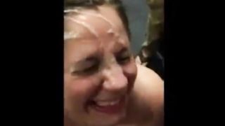 White sluts lets friends cum on her face!