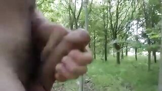 Naked cock play and cum in the sunny woods